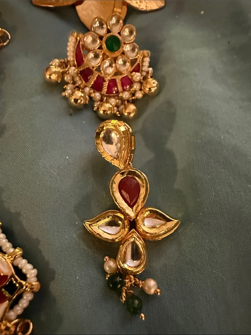 Gold-Tone Traditional Kundan Necklace Set with Red and Green Accents